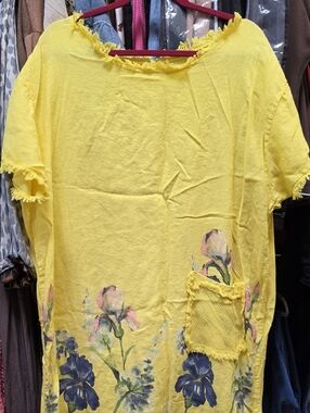 Yellow Floral Frayed-Neck Short Sleeve Dress.